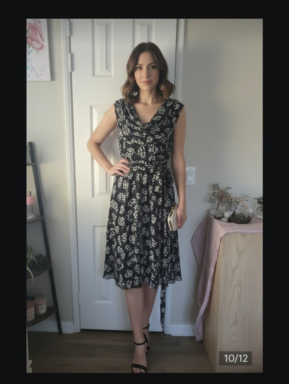 Roz & Ali Black and White Floral Cowl-Neck Midi Dress-NWT -14